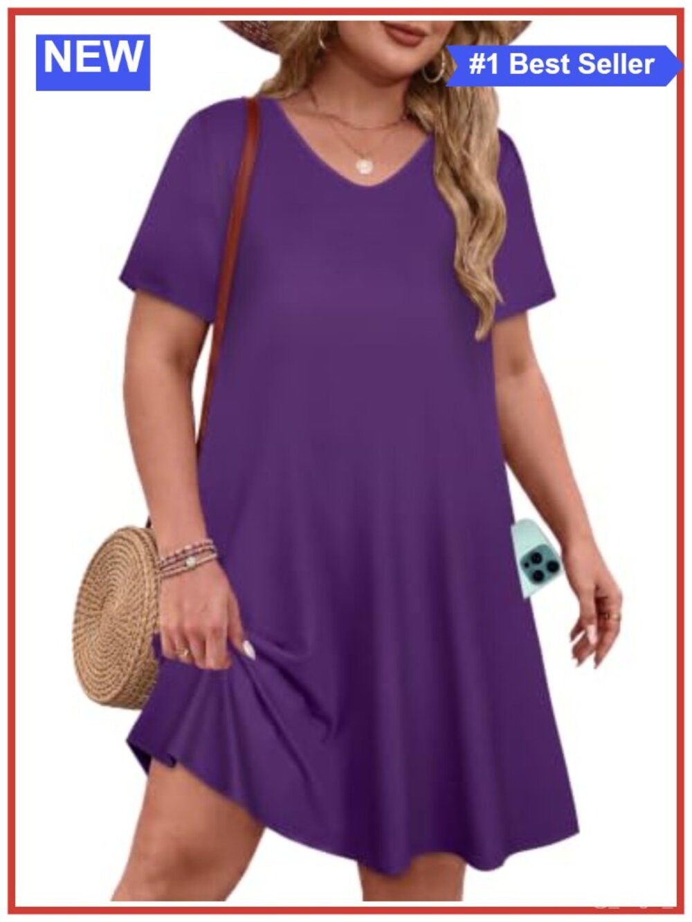 Plus Size Summer Dress V Neck Short Sleeve A-Line Knee Length with Pockets